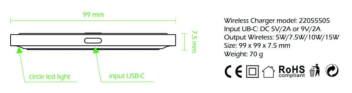 Swissten 15W belaidis įkroviklis su USB-C 1,5 m laidu