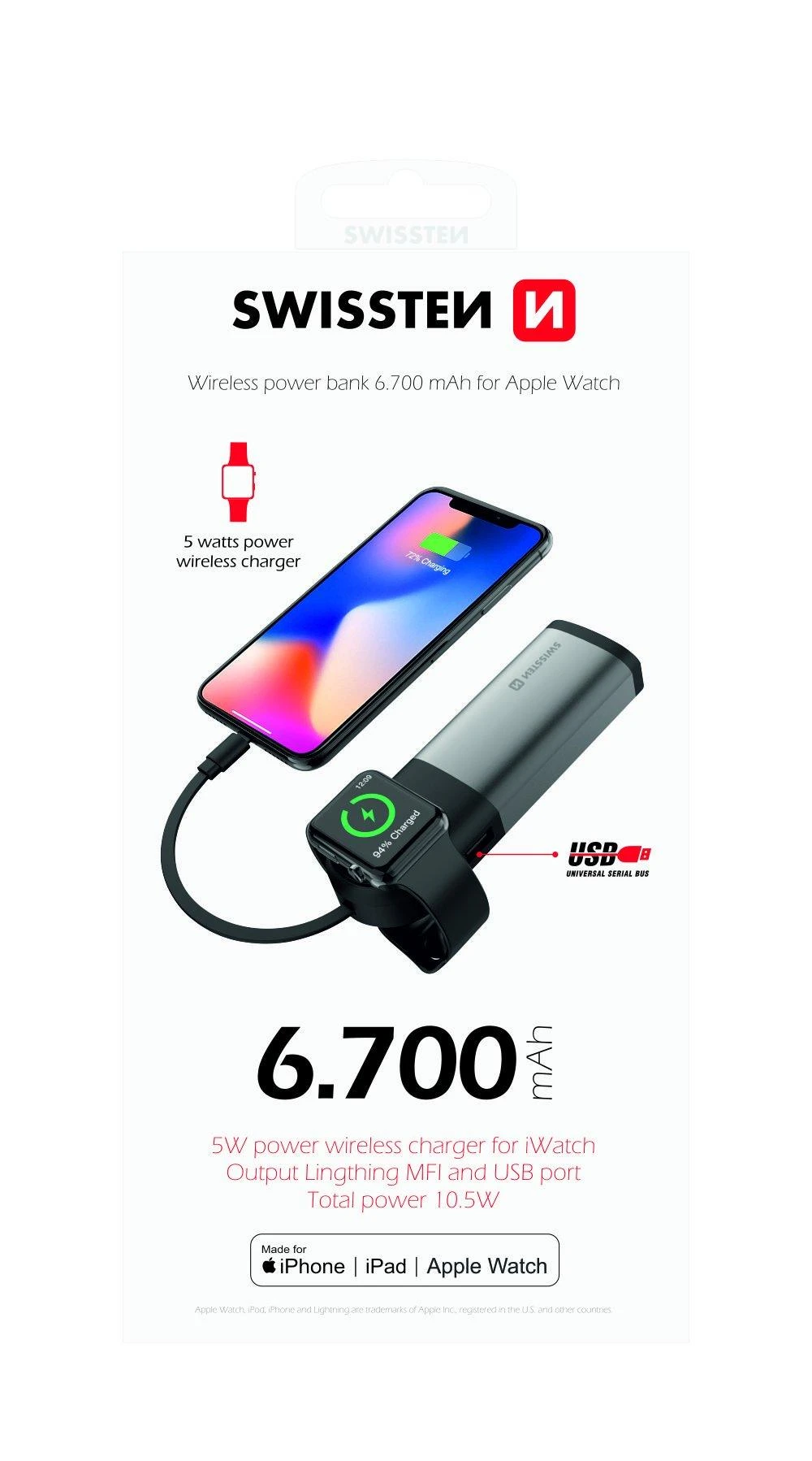 Swissten 6700 mAh baterija su Apple Watch įkrovimo stotele