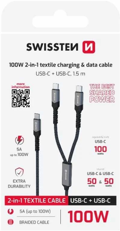 „Swissten 2in1“ įkrovimo USB-C / 2x USB-C laidas 100W 1,5 m