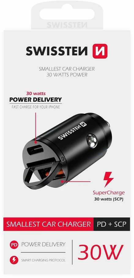 USB -C + Super Charge 3.0W „Nano Swissten“ automobilio „Adapte RPOWer“ pristatymas - juodas