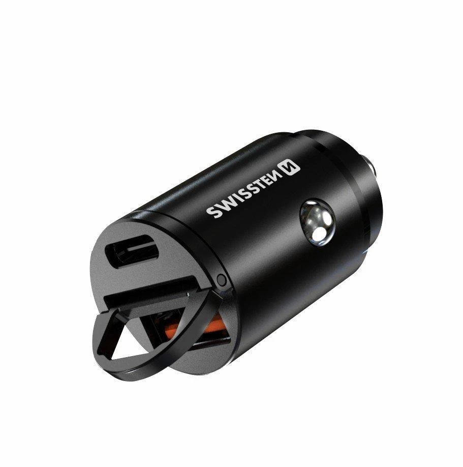 Juodas mini automobilinis įkroviklis su USB-C ir USB-A jungtimis