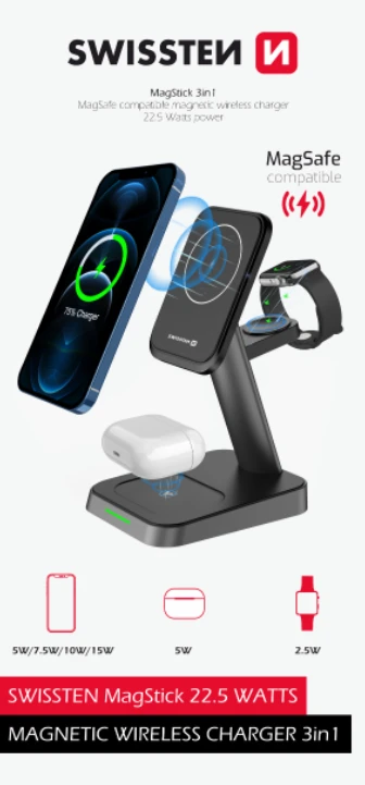 Swissten Įkroviklis Sourcing 3in1 MagStick Bezprzewodowa 22.5 W