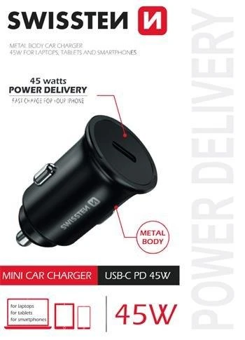 Swissten 45W PD metalinis automobilinio įkroviklio adapteris USB-C