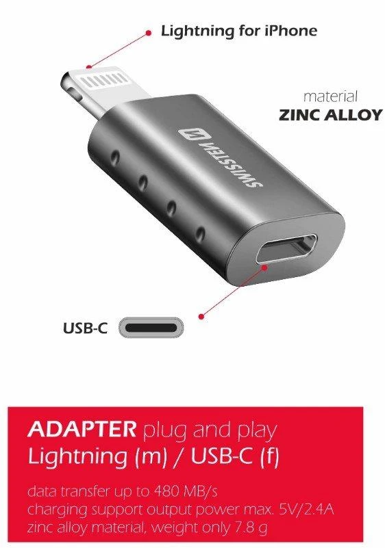Swissten USB-C į Lightning adapteris, cinko lydinys