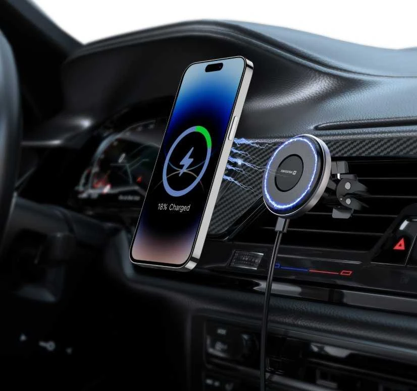 „Swissten Airhold“ magnetinis automobilio laikiklis su belaidžiu įkrovikliu 15 W / 7,5 W (suderinamas su „MagSafe“)