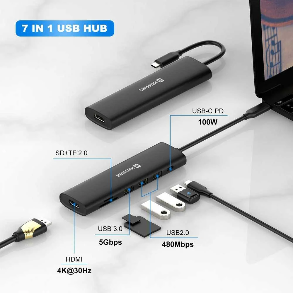 Swissten 7-in-1 adapteris su jungčių techninėmis specifikacijomis