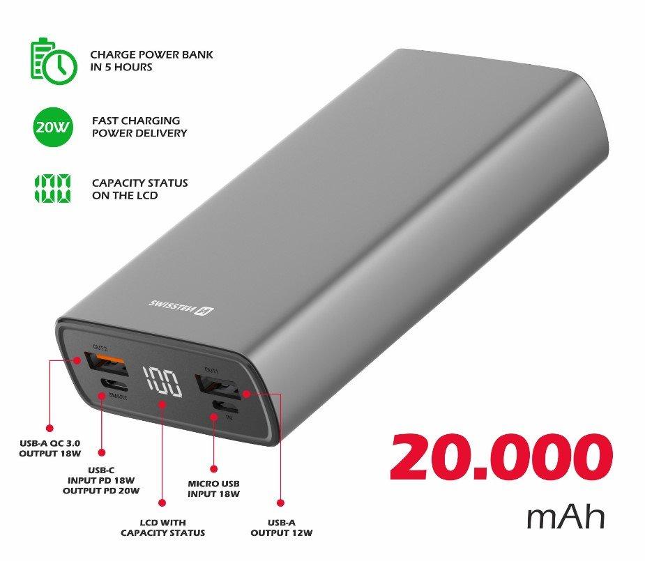Swissten Powerbank 22013916 20000mAh pilka