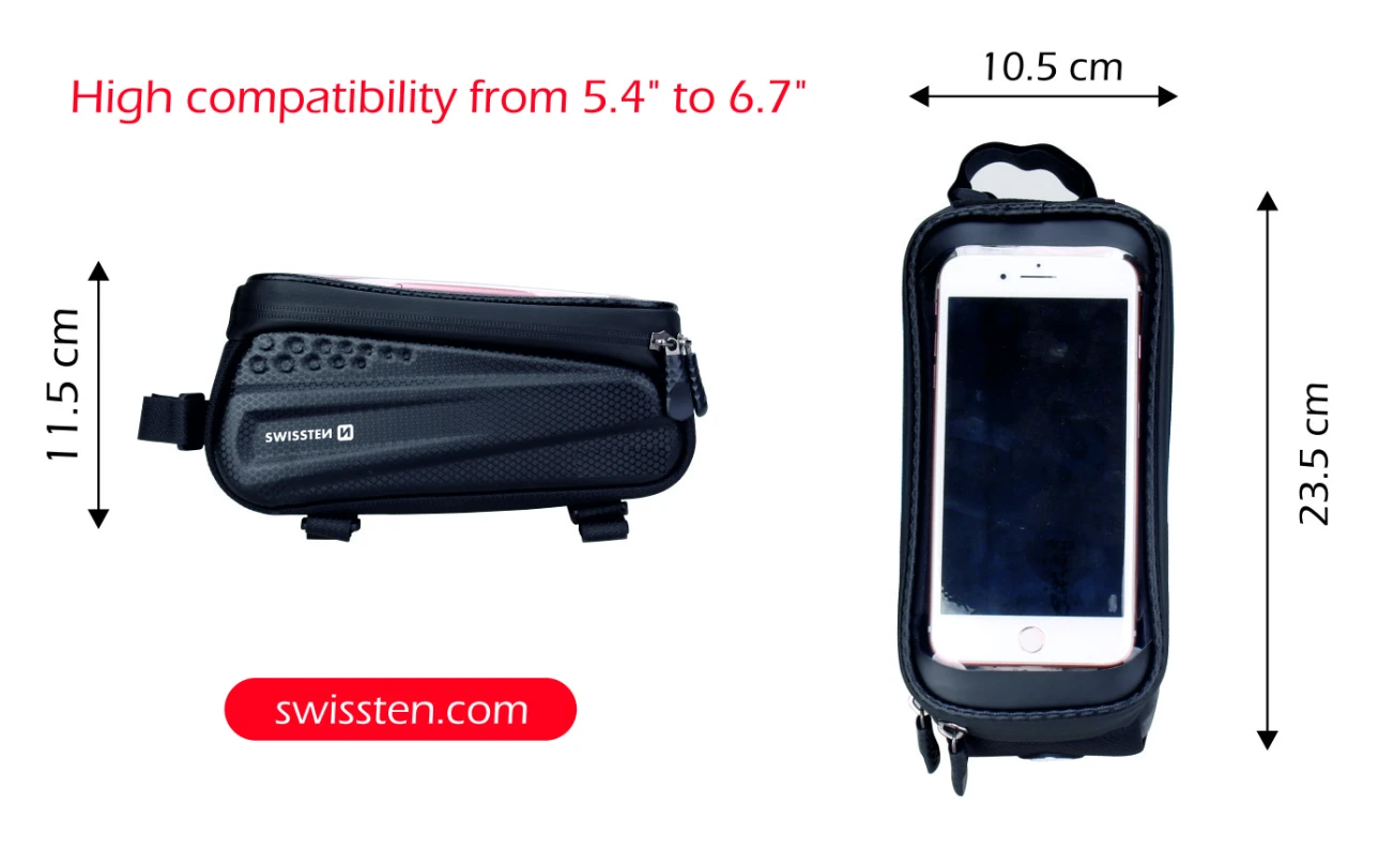 Swissten Atsparus vandeniui Dviračio laikiklis/krepšys Skirtas 5,4 - 6,7 colių mobiliesiems telefonams Juodas