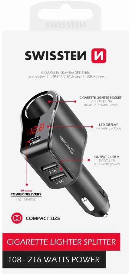 Swissten automobilinis įkroviklis 1x USB-C PD / 2x USB-A / CL / LED