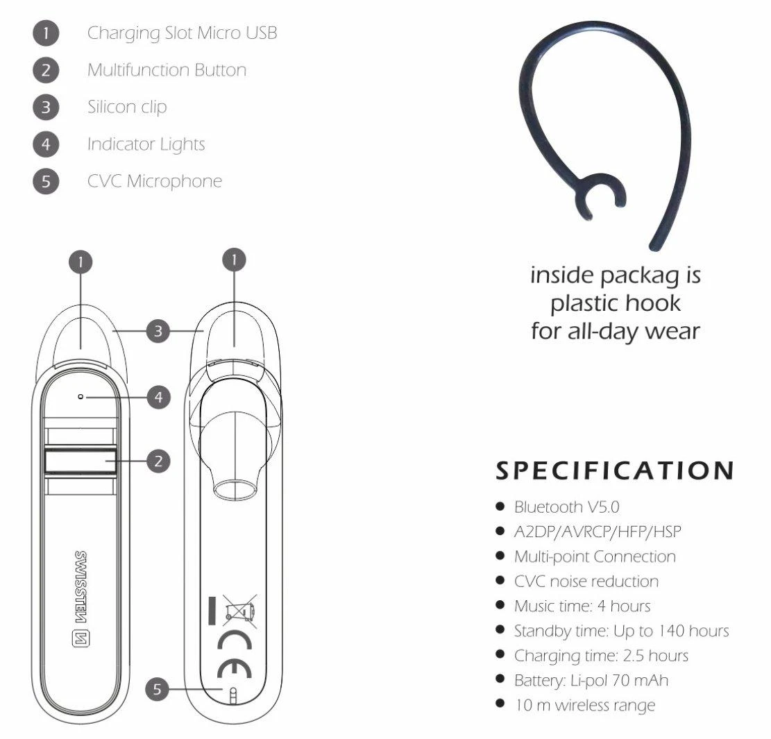 SWISSTEN Bluetooth headset caller/bluetooth Bluetooth handsfree ausinė, garsumo reguliavimas, juoda, bluetooth