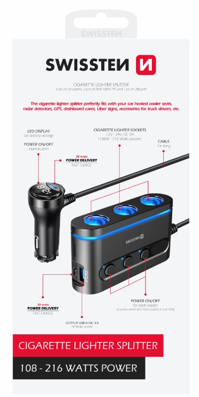 Swissten automobilinis įkroviklis 2x USB-C PD / 1x USB-A QA 3.0 / 3x CL