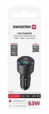 Įkroviklis Swissten Swissten Car Charger USB-C PD / USB 63W