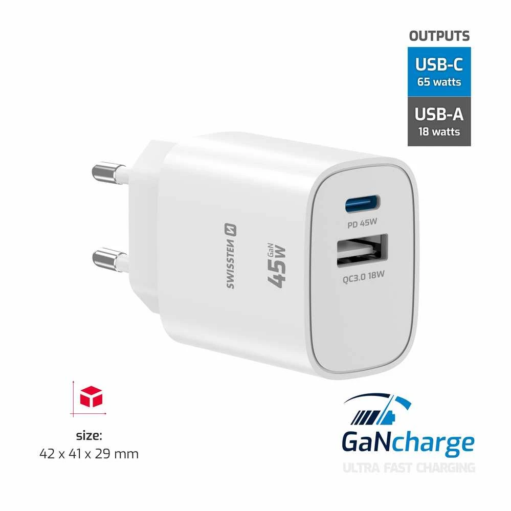 „Swissten Edge GaN“ kelioninis įkroviklis GaN USB-C PD 45W + USB-A 18W QC