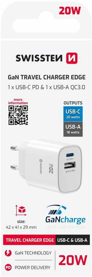 „Swissten Edge GaN“ kelioninis įkroviklis GaN USB-C PD 20W + USB-A 18W QC