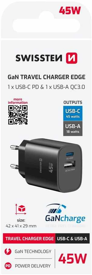 „Swissten Edge GaN“ kelioninis įkroviklis GaN USB-C PD 45W + USB-A 18W QC