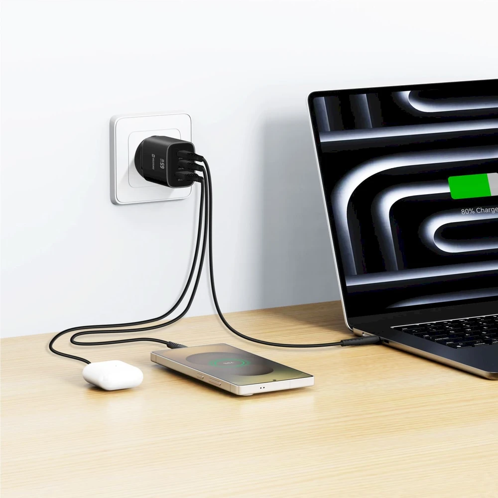 Įkroviklis Swissten Swissten Edge Travel Charger Edge GaN 2x USB-C PD 65W + 1x USB-A 18W QC Juodas