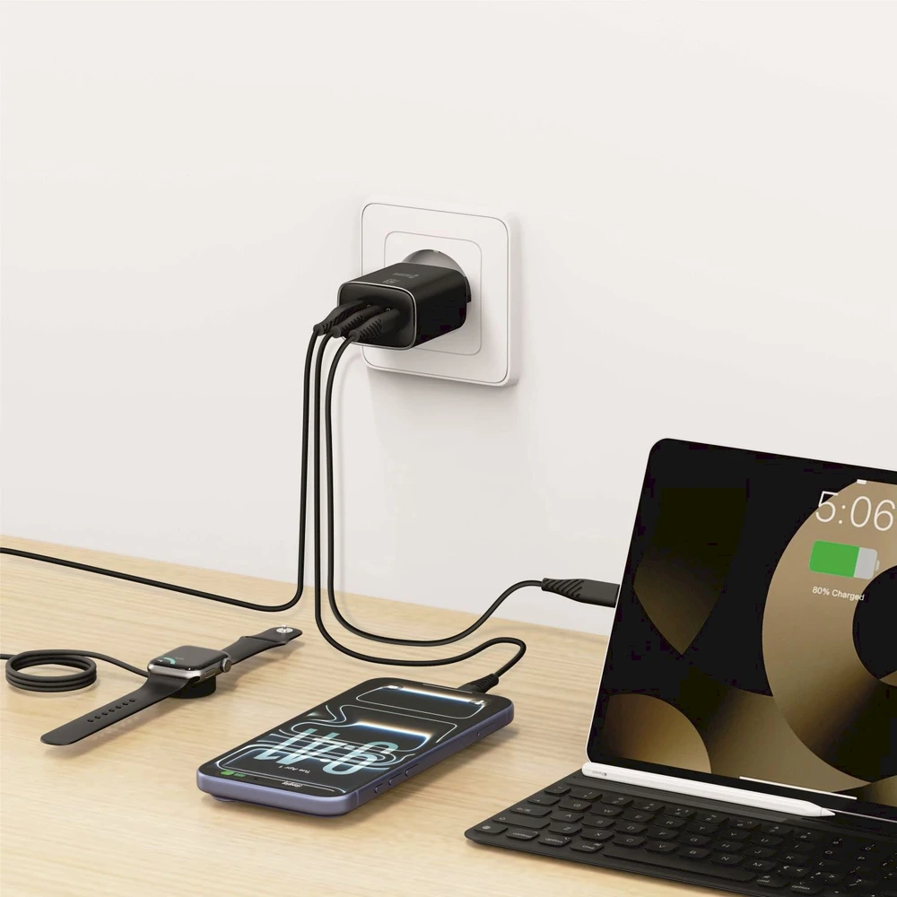Įkroviklis Swissten Swissten Edge Travel Charger Edge GaN 2x USB-C PD 65W + 1x USB-A 18W QC Juodas