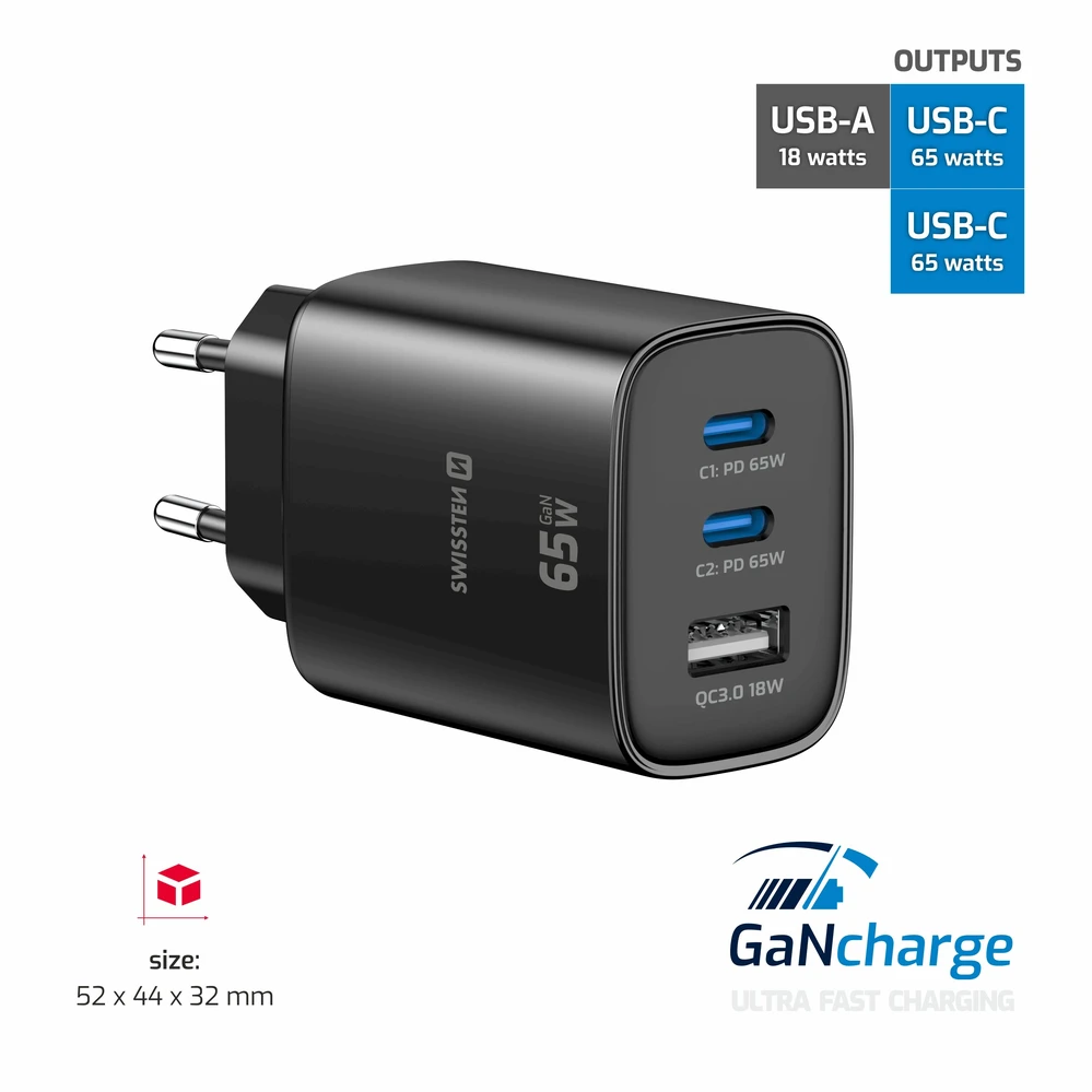 Įkroviklis Swissten Swissten Edge Travel Charger Edge GaN 2x USB-C PD 65W + 1x USB-A 18W QC Juodas