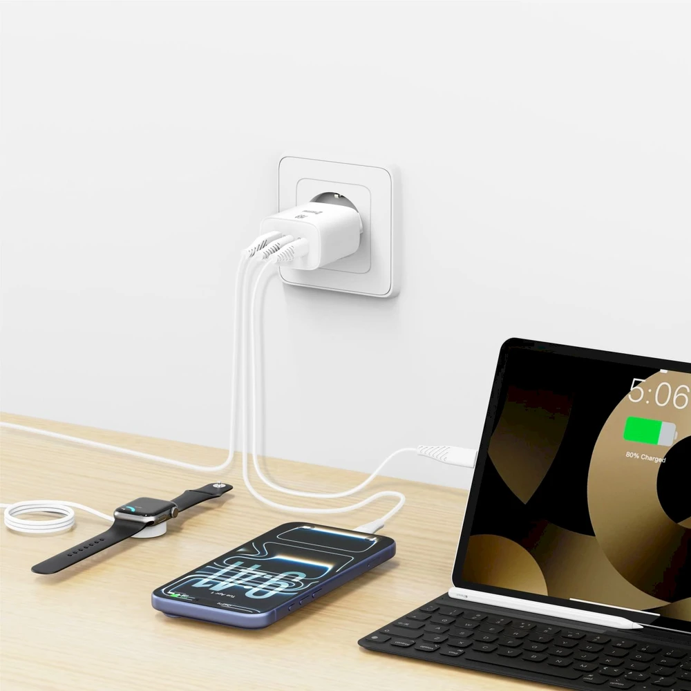 Įkroviklis Swissten Swissten Edge kelioninis įkroviklis Edge GaN 2x USB-C PD 65W + 1x USB-A 18W QC baltas