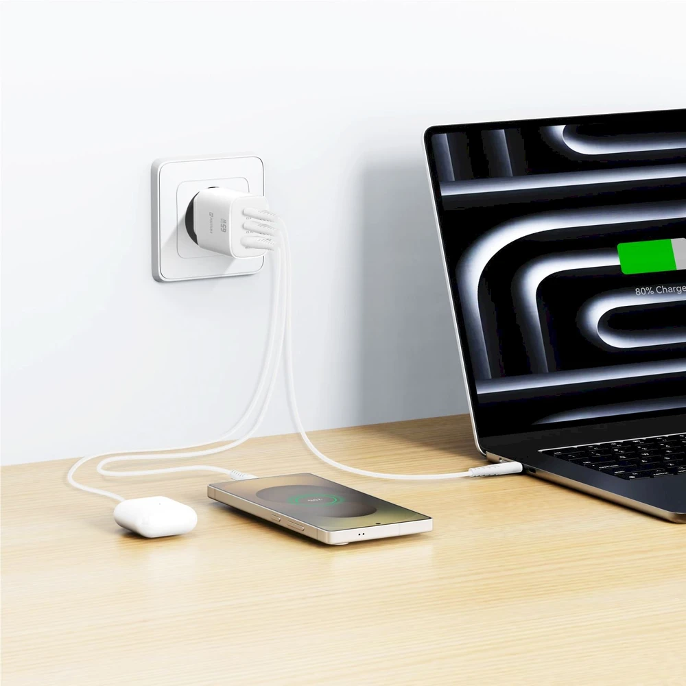 Įkroviklis Swissten Swissten Edge kelioninis įkroviklis Edge GaN 2x USB-C PD 65W + 1x USB-A 18W QC baltas