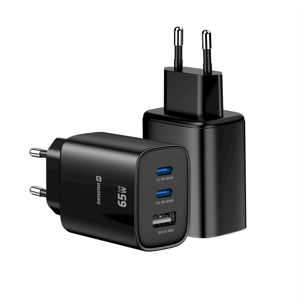 Įkroviklis Swissten Swissten Edge Travel Charger Edge GaN 2x USB-C PD 65W + 1x USB-A 18W QC Juodas