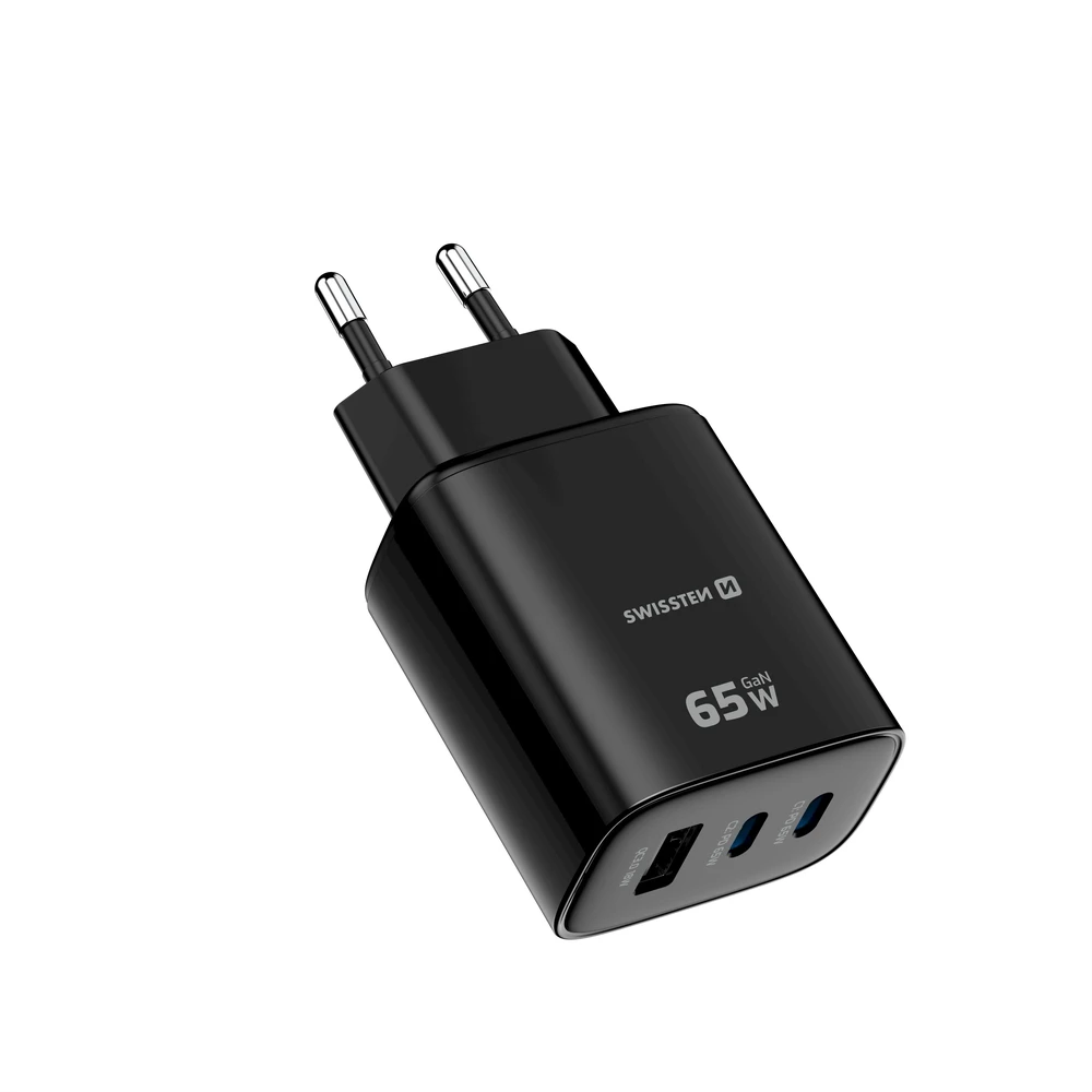 Įkroviklis Swissten Swissten Edge Travel Charger Edge GaN 2x USB-C PD 65W + 1x USB-A 18W QC Juodas