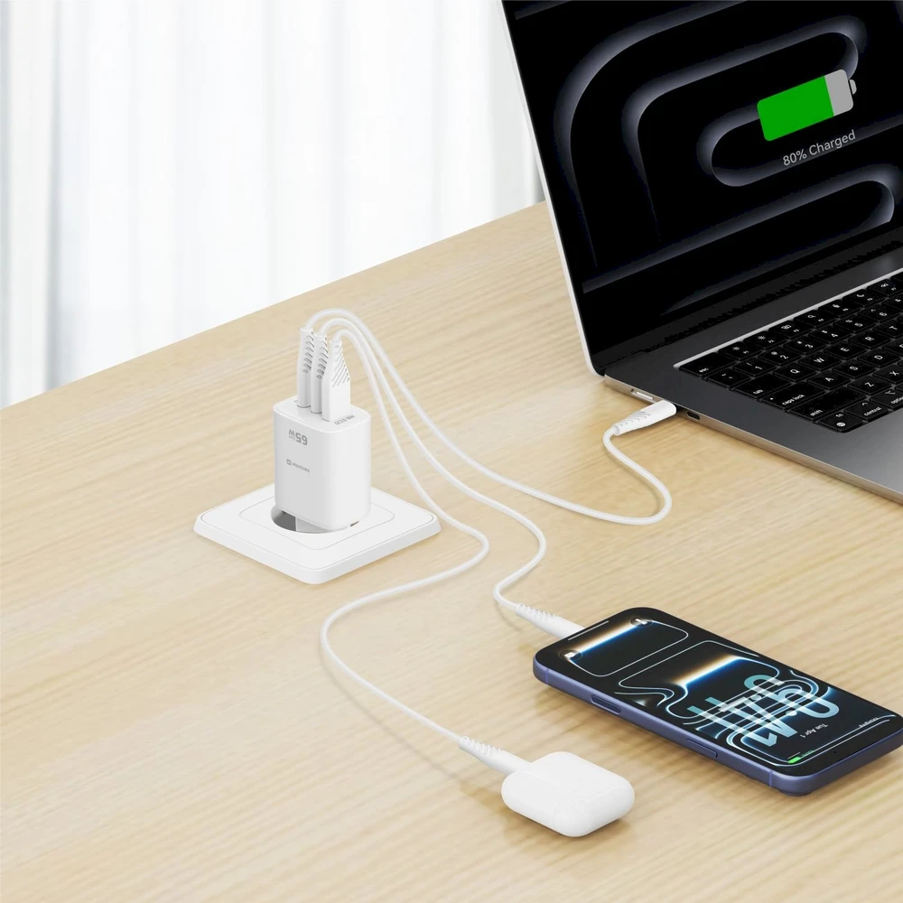 Įkroviklis Swissten Swissten Edge kelioninis įkroviklis Edge GaN 2x USB-C PD 65W + 1x USB-A 18W QC baltas