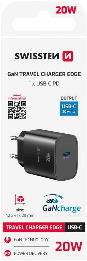 „Swissten Edge“ kelioninis įkroviklis USB-C GaN 20W Juodas