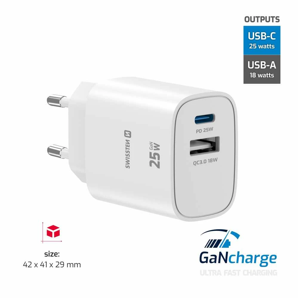 Įkroviklis Swissten SWISSTEN tinklo adapteris EDGE GaN 25W, 2 prievadų, 1x USB-C PD 25W + 1x USB-A 18W QC
