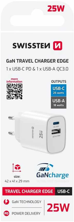 Įkroviklis Swissten SWISSTEN tinklo adapteris EDGE GaN 25W, 2 prievadų, 1x USB-C PD 25W + 1x USB-A 18W QC