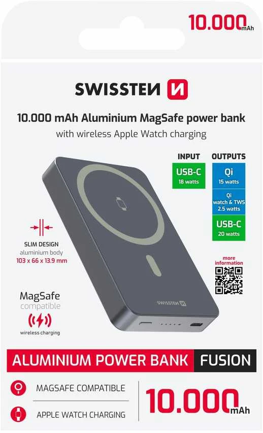 Powerbank Swissten Swissten FUSION Power Bank Universal External Baterija MagSafe / Apple Watch / 10000 mAh Sidabrinis