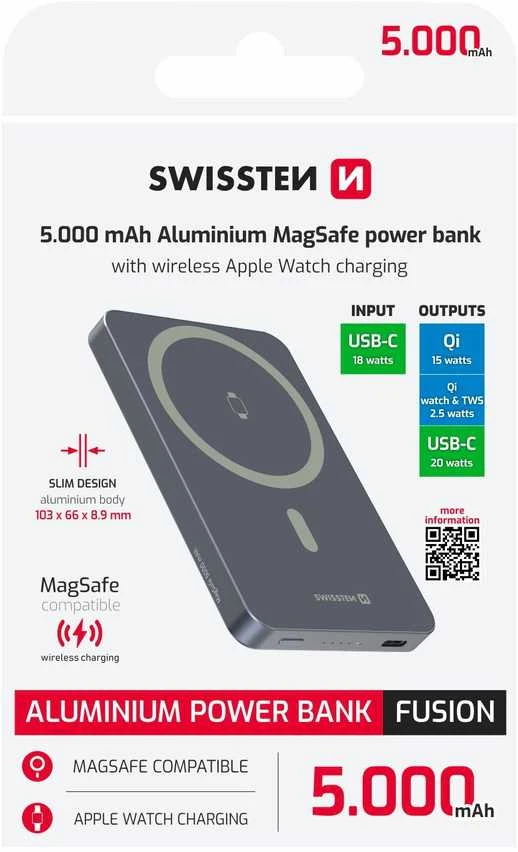 Powerbank Swissten Swissten FUSION Power Bank Universal External Baterija MagSafe / Apple Watch / 5000 mAh Sidabrinis