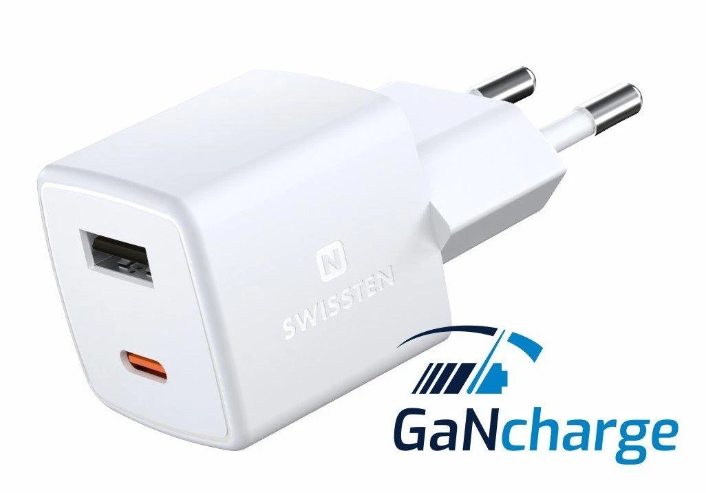 Swissten Mini Gan įkroviklis su dviem jungtimis