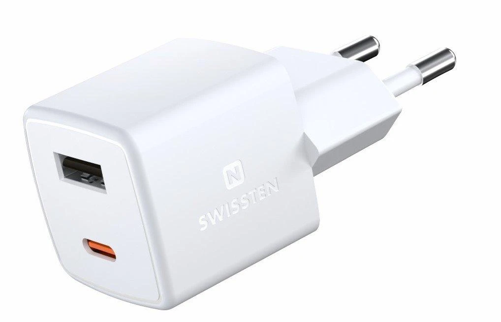 Swissten Mini GaN įkroviklis su USB-C ir USB-A jungtimis