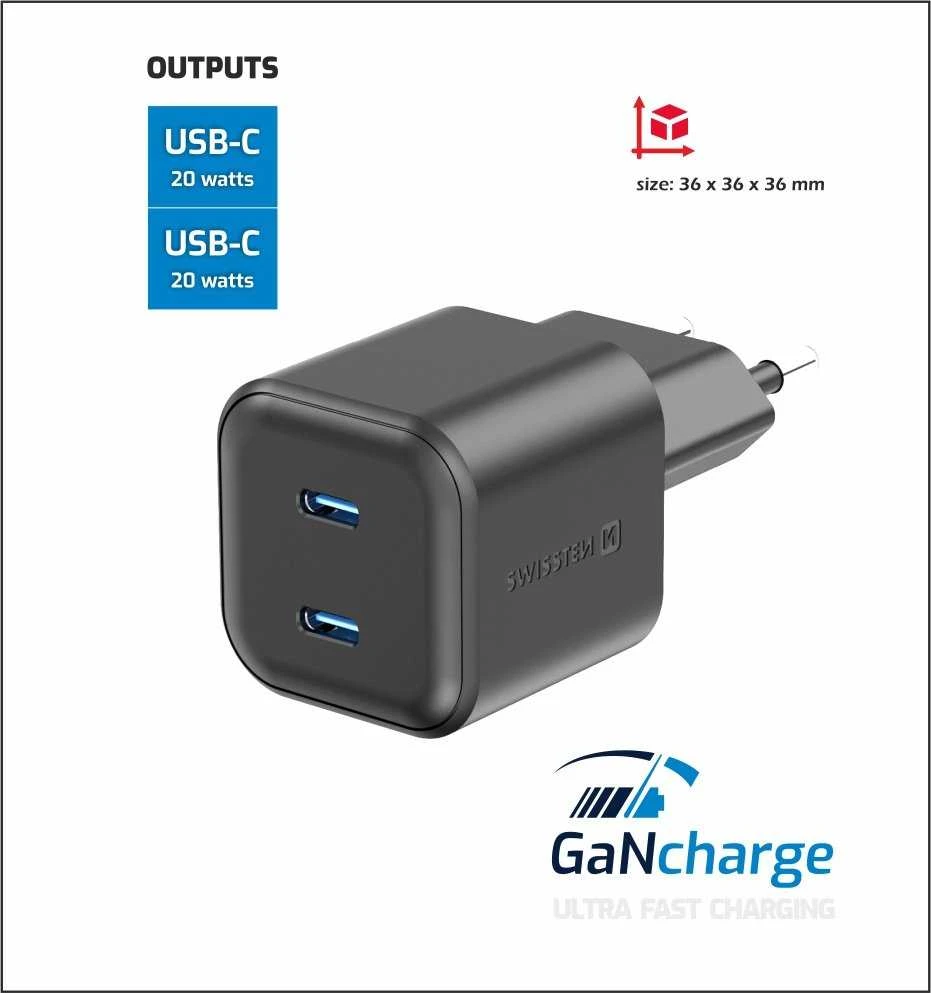 Swissten GaN PD 2x USB-C kelioninis įkroviklis 20W