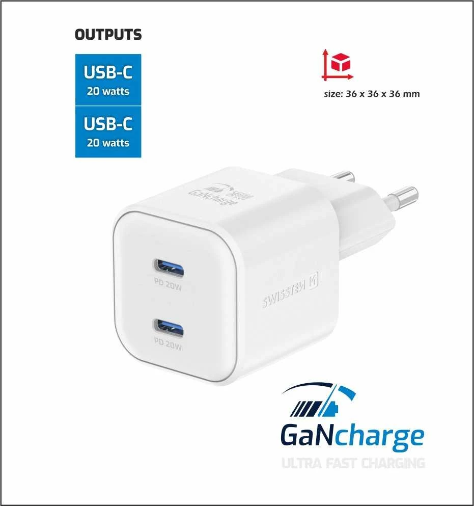 Swissten GaN PD 2x USB-C kelioninis įkroviklis 20W