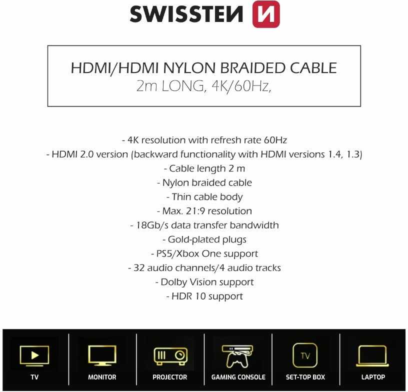 Swissten HDMI į HDMI 4K kabelis 2m