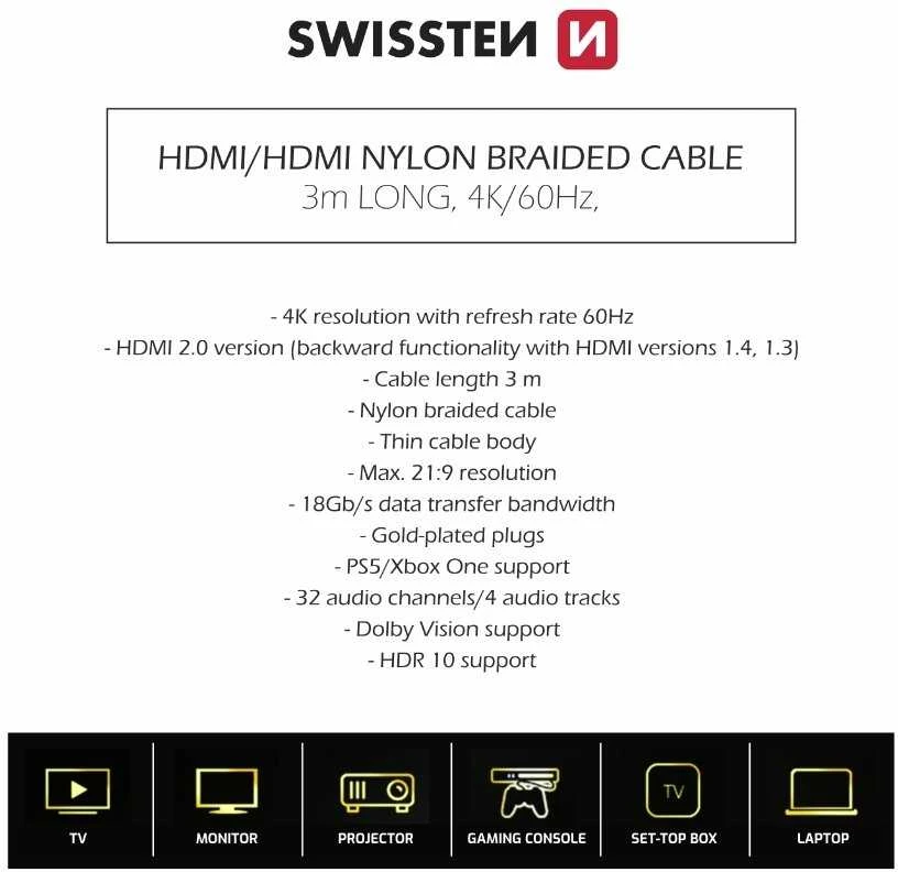 Swissten HDMI laido techninė specifikacija ir suderinamumas
