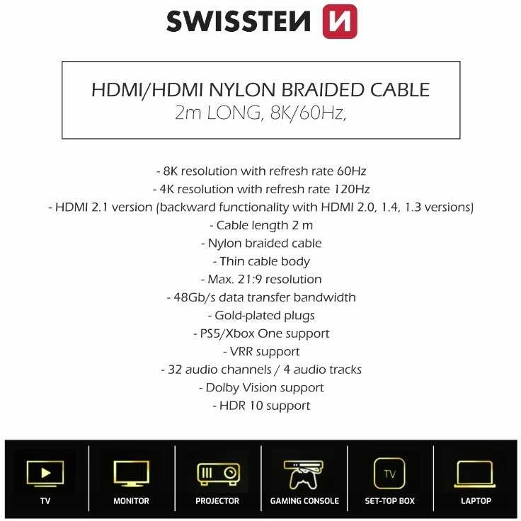 Swissten HDMI į HDMI 8K kabelis 2m