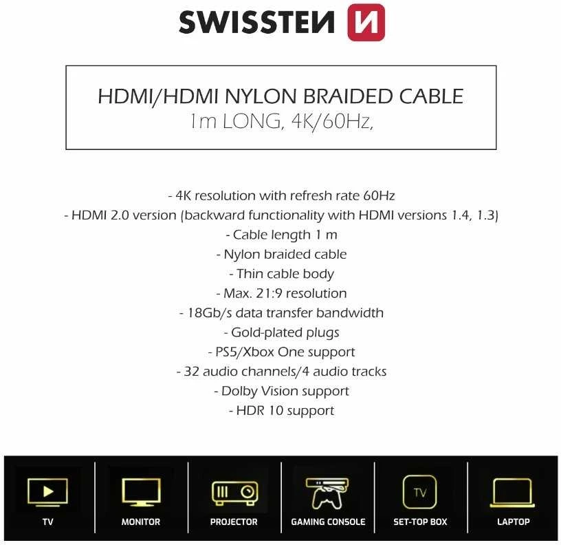 Swissten HDMI–HDMI 4K kabelis 1 m