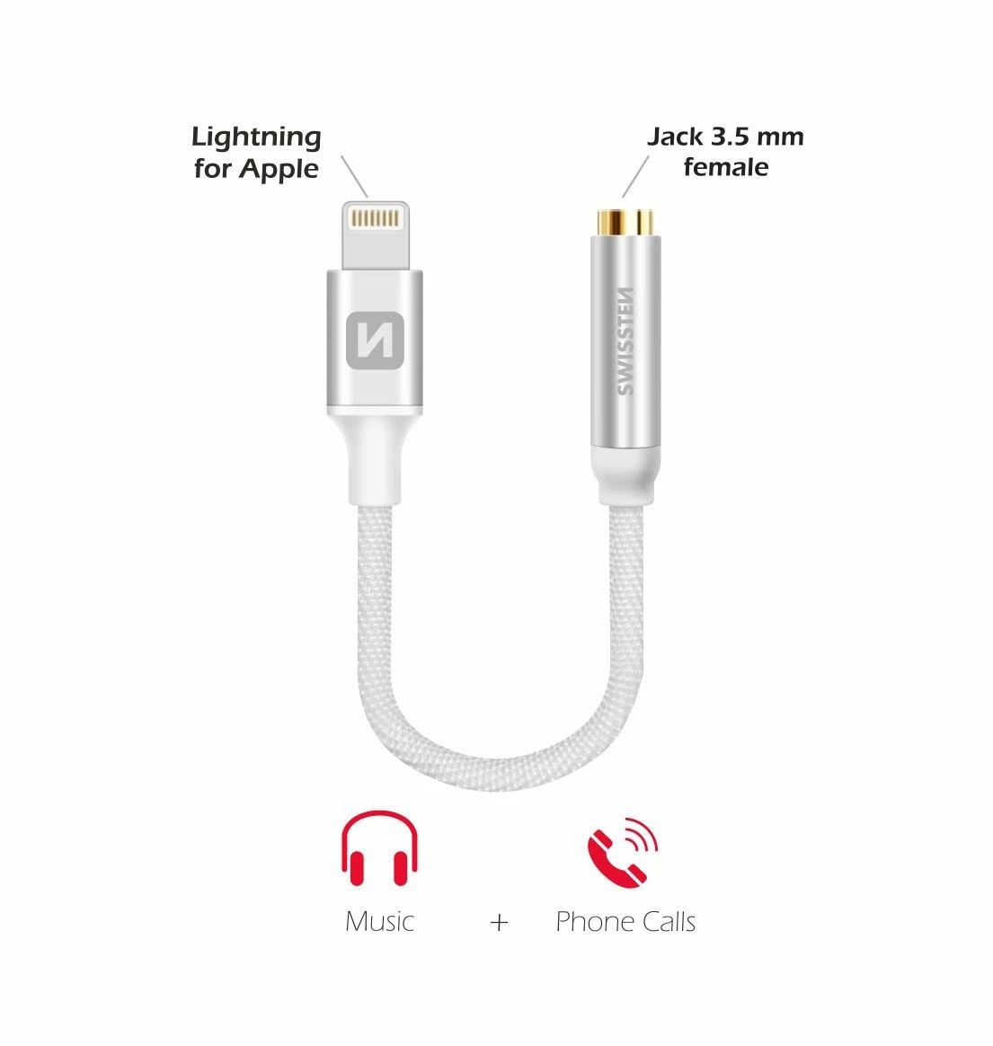Swissten Lightning į 3.5 mm adapteris su pintos tekstilės laidu