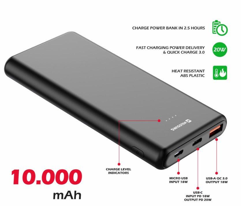 Swissten Power Bank 10000 mAh 20W Power Delivery juoda