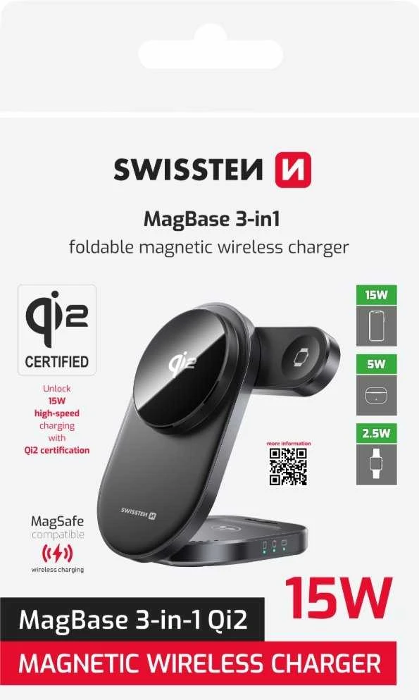 Swissten MagBase 3-in-1 Wireless Charger, Juodas