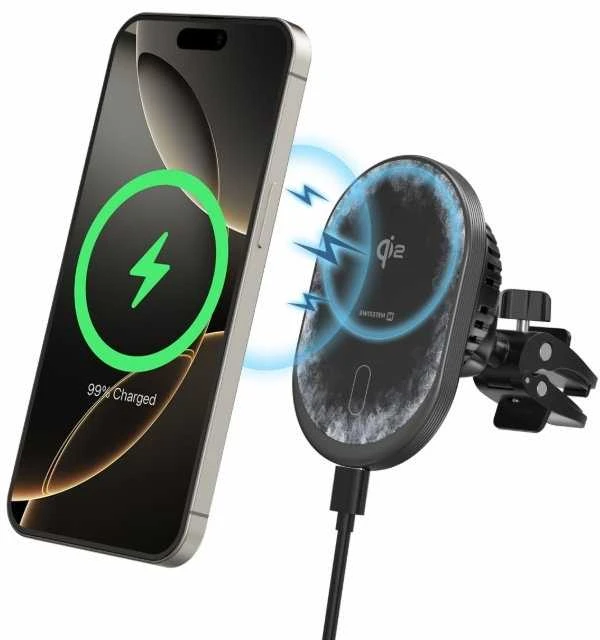 „Swissten“ magnetinis automobilinis laikiklis „MagRide“ su belaidžiu įkrovikliu „Qi2 15W“ (suderinamas su „MagSafe“)