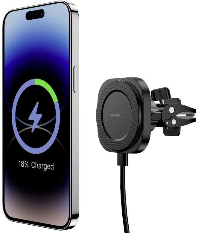 „Swissten Magstick“ kompaktiškas magnetinis automobilio laikiklis su belaidžiu įkrovikliu 15 W/7,5 W (suderinamas su „Magsafe“)