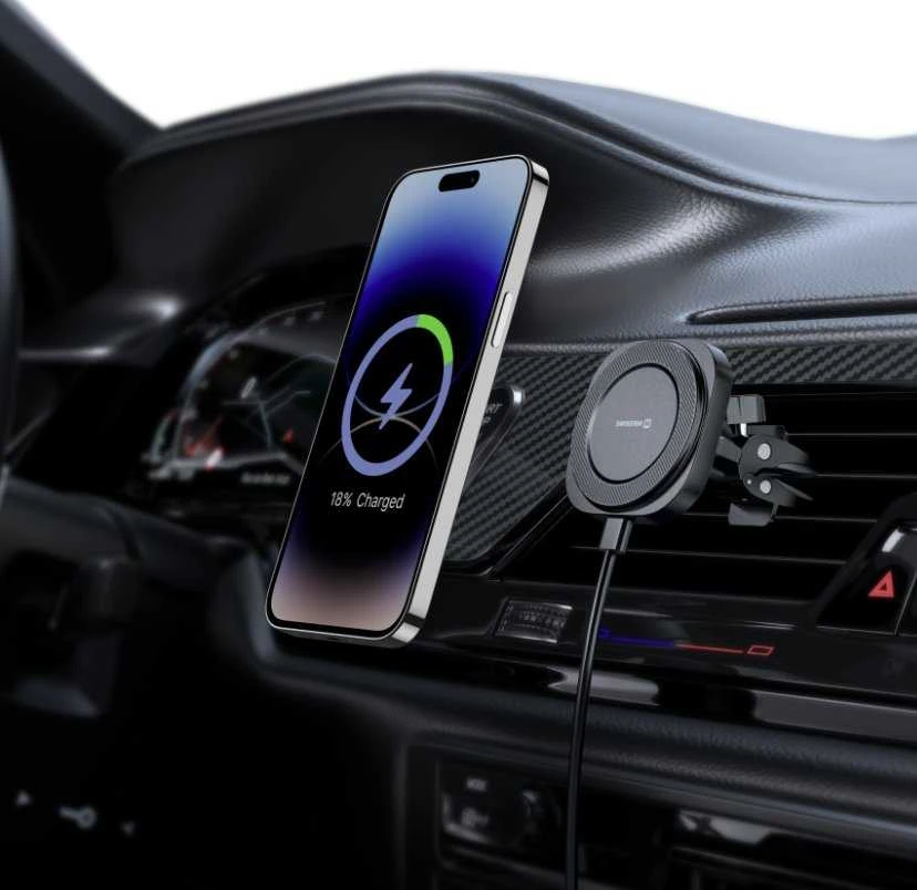 „Swissten Magstick“ kompaktiškas magnetinis automobilio laikiklis su belaidžiu įkrovikliu 15 W/7,5 W (suderinamas su „Magsafe“)