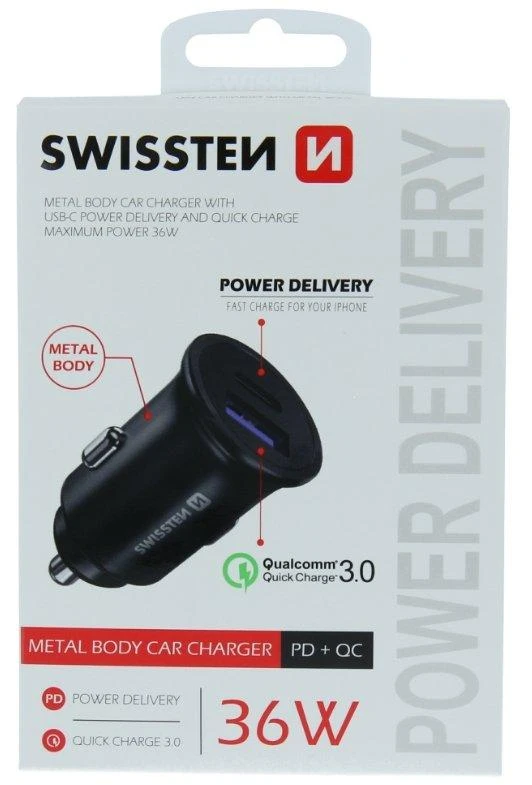Įkroviklis Swissten Įkroviklis automobilinis pakrovėjas 36W, 2 prievadai, USB-C, USB-A