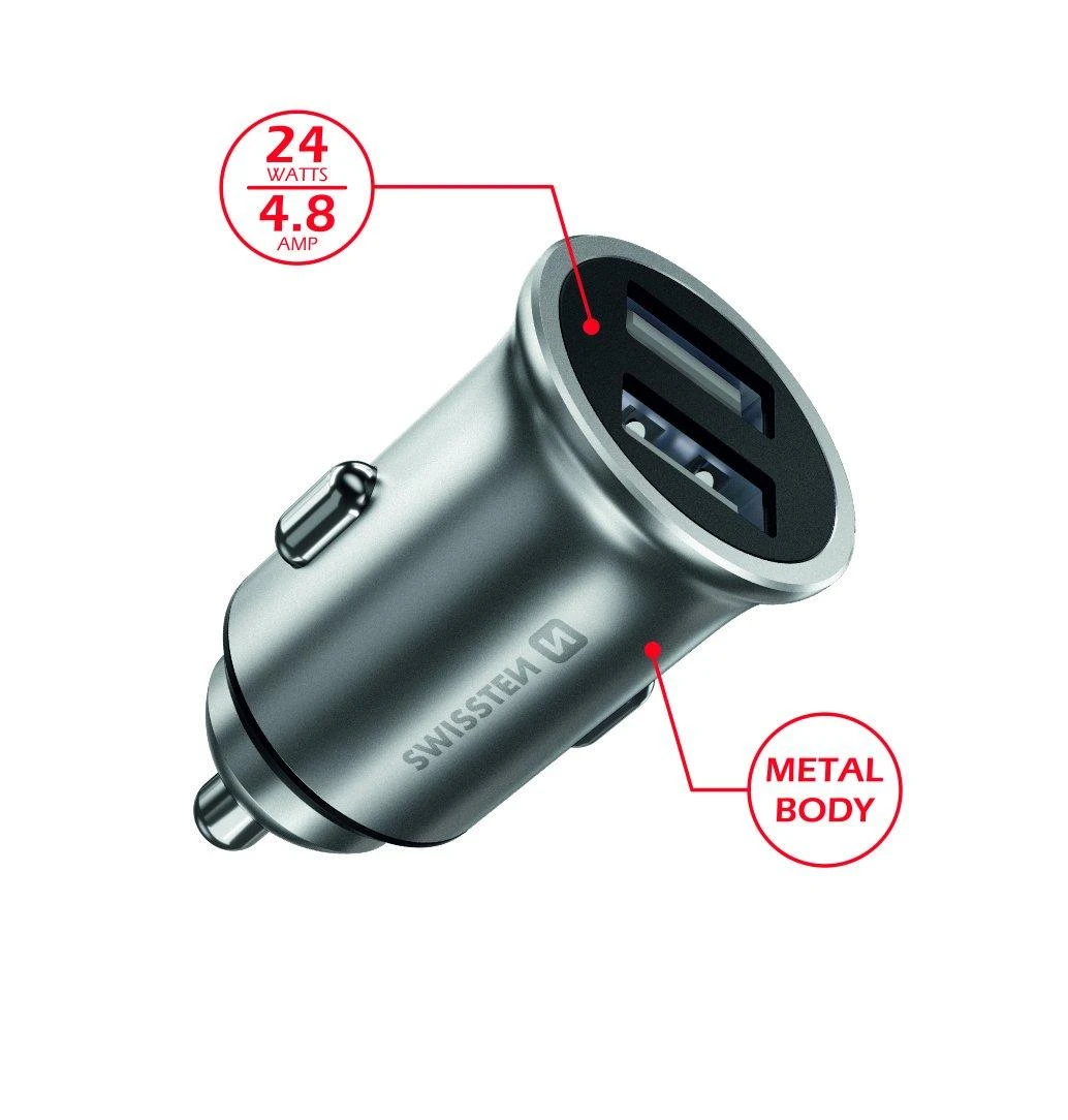Swissten Metal Premium automobilinis įkroviklis 2 x USB / 4.8A