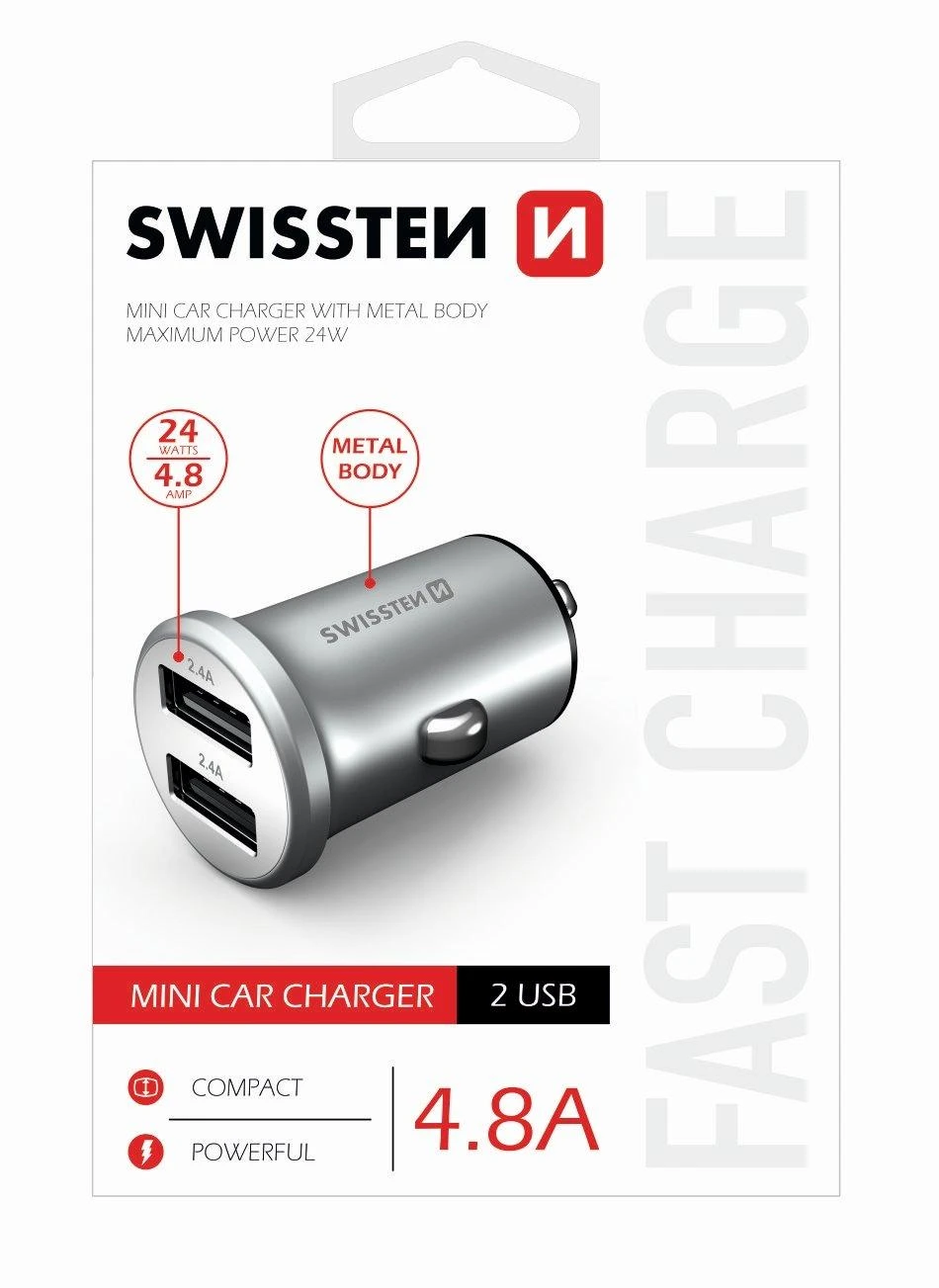 Įkroviklis Swissten Swissten Metal Premium Car charger 2 x USB / 4.8A Sidabrinis
