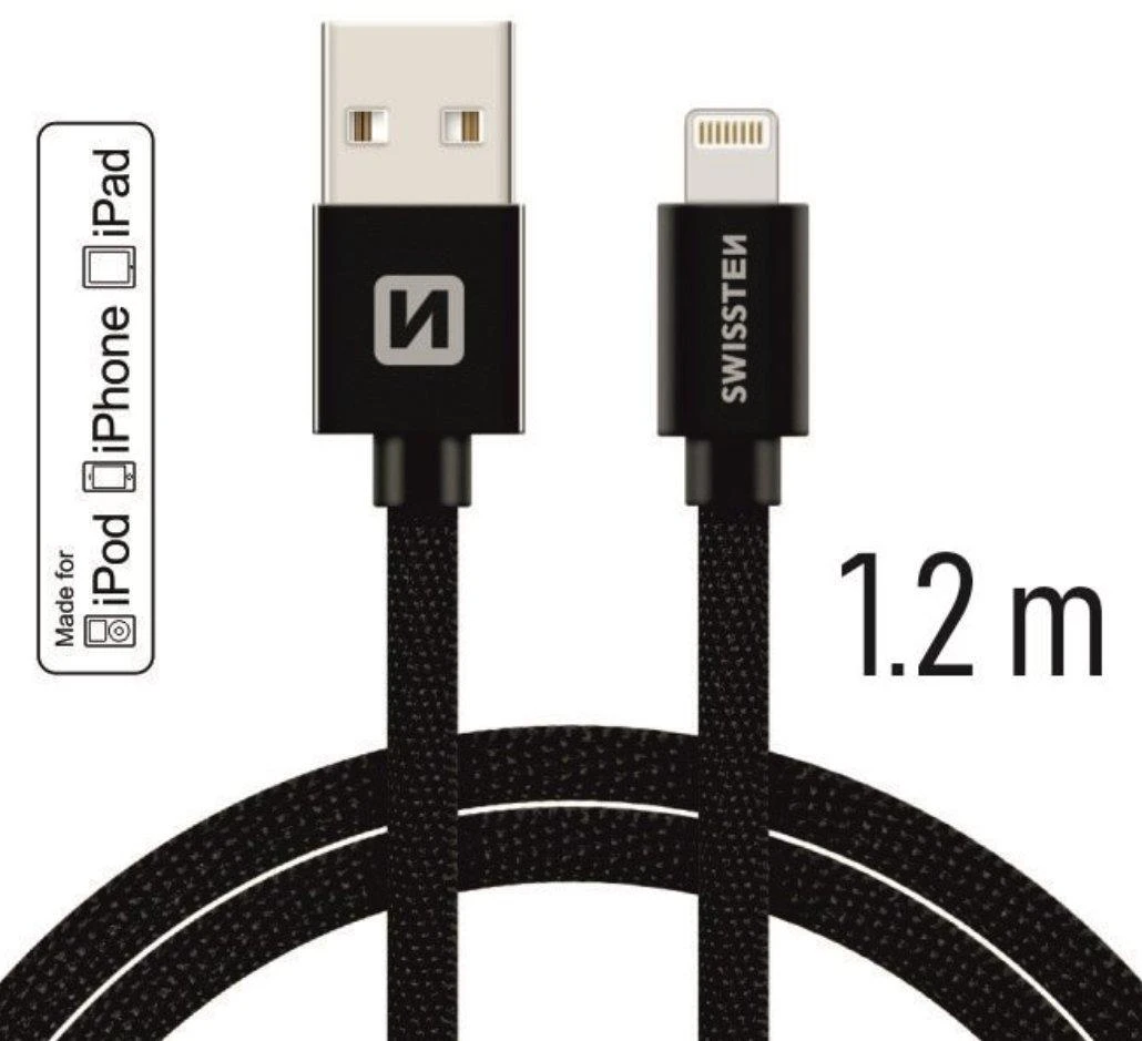 Swissten MFI Textile Fast Charge 3A Lightning Data ir 1,2m įkrovimo laidas